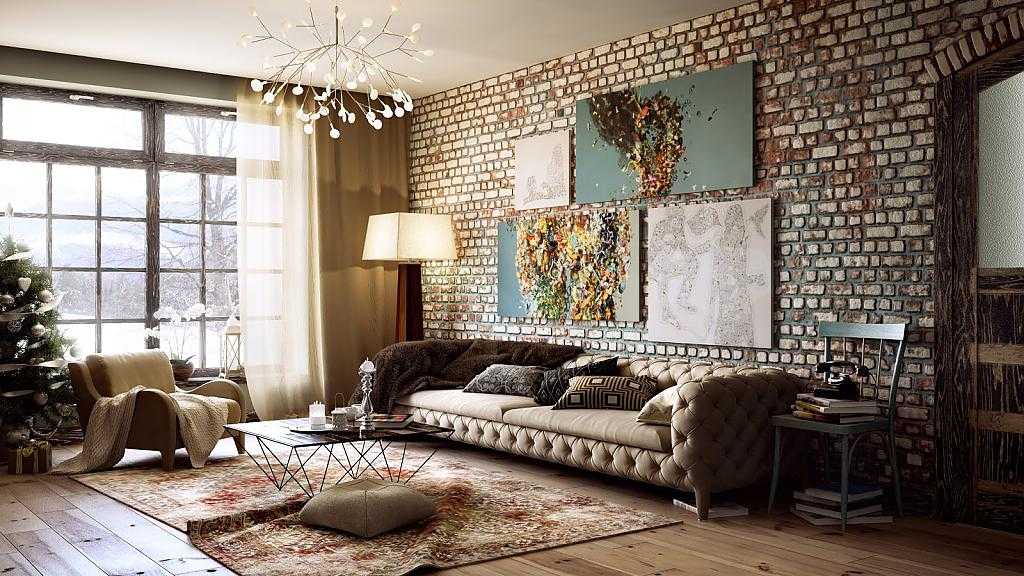 Кирпичная стена в интерьере жилой комнаты: подбор цветовой гаммы, материалов и стиля для оформления помещения Идеи для гостиной, кухни, спальни и ванной
