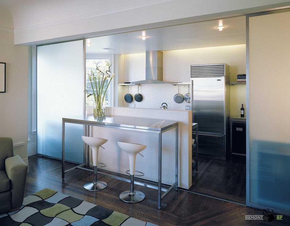Зонирование кухни и гостиной: оригинальные решения, как отделить перегородкой - стеклянной, раздвижной, из гипсокартона
 - 31 фото